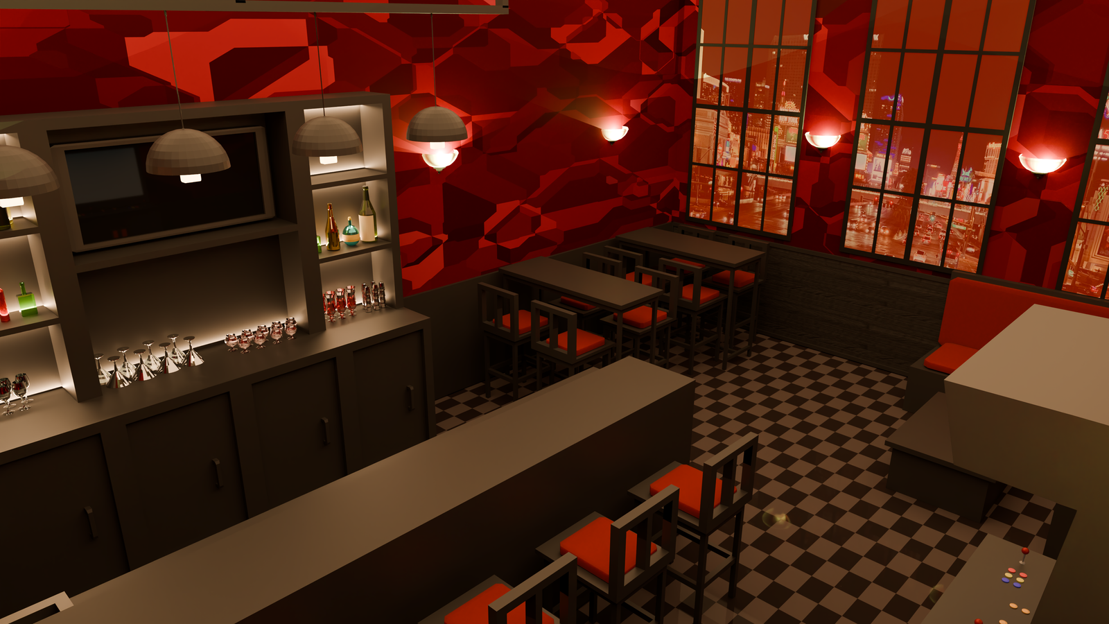 A render of a night bar with high top tables against the back wall. A cabinet filled with glasses and bottles is located behind the main bar.