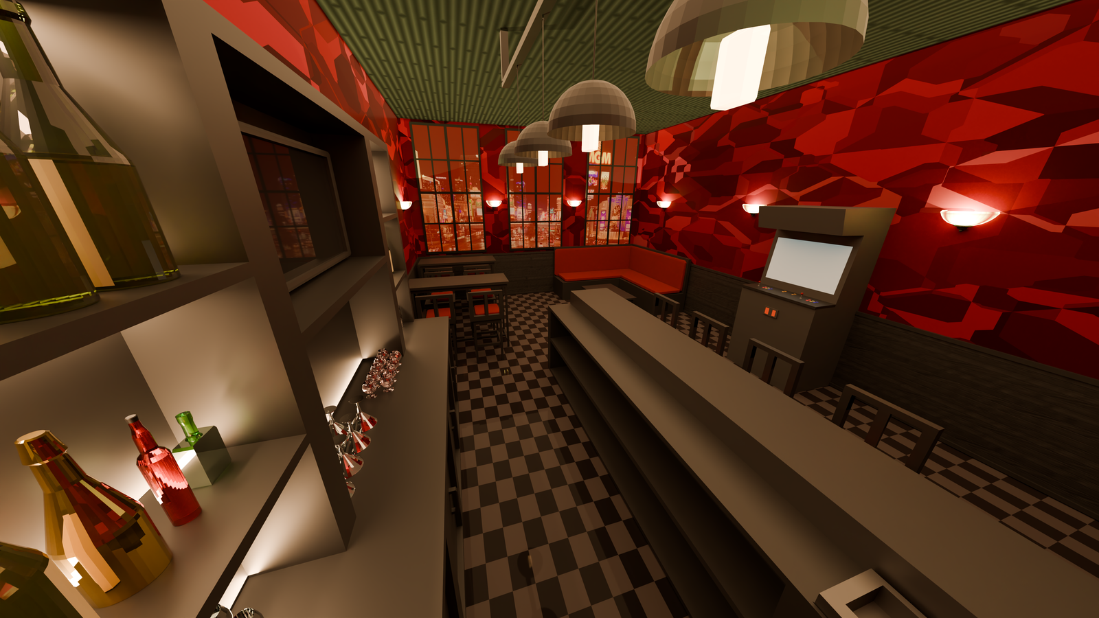 A close up shot from behind the bar with tables, booth seating, and an arcade cabinet in view. There are glass bottles close to the camera.